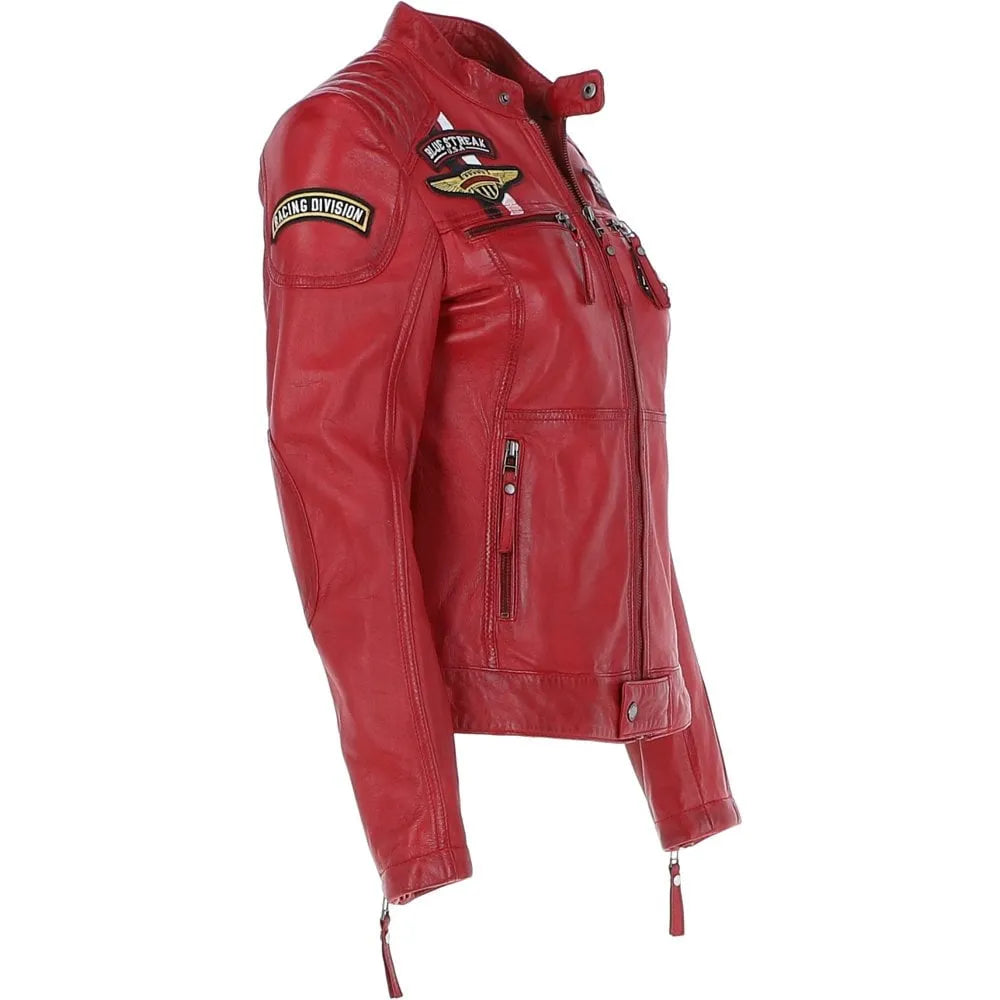 Red Women's Motorbike Racing Biker Cowhide Leather Jacket Handmade For Motorcycle Riders CE Armored